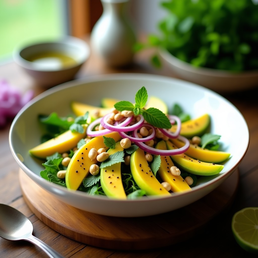 Ensalada vietnamita de mango verde en juliana fina con cacahuetes tostados, cebolla morada, menta fresca y cilantro, bañada en vinagreta de lima kaffir. Servida en un plato de cerámica blanca con semillas de sésamo negro espolvoreadas.
