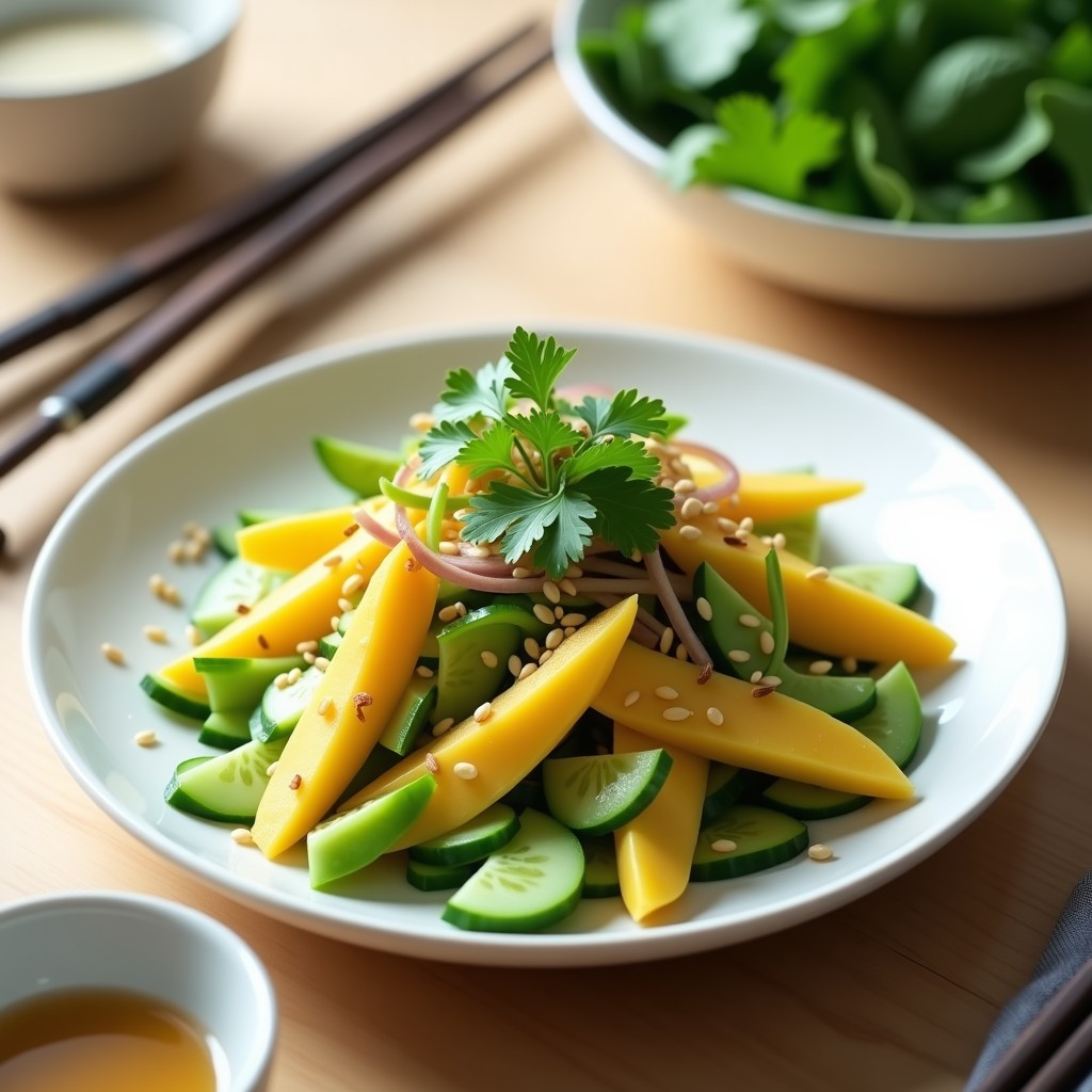 Ensalada japonesa fresca de mango verde en juliana, edamame cocido, pepino y cebolla morada, bañada en aderezo cremoso de sésamo y miso, decorada con semillas de sésamo negro y blanco y tiras de alga nori sobre un plato de cerámica blanca.
