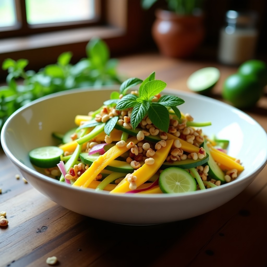 Ensalada tailandesa vegana de mango verde en juliana, flor de Jamaica, pepino y cebolla morada, servida en plato hondo blanco con vinagreta dorada y cacahuetes triturados. Decorada con hojas de cilantro y menta fresca.