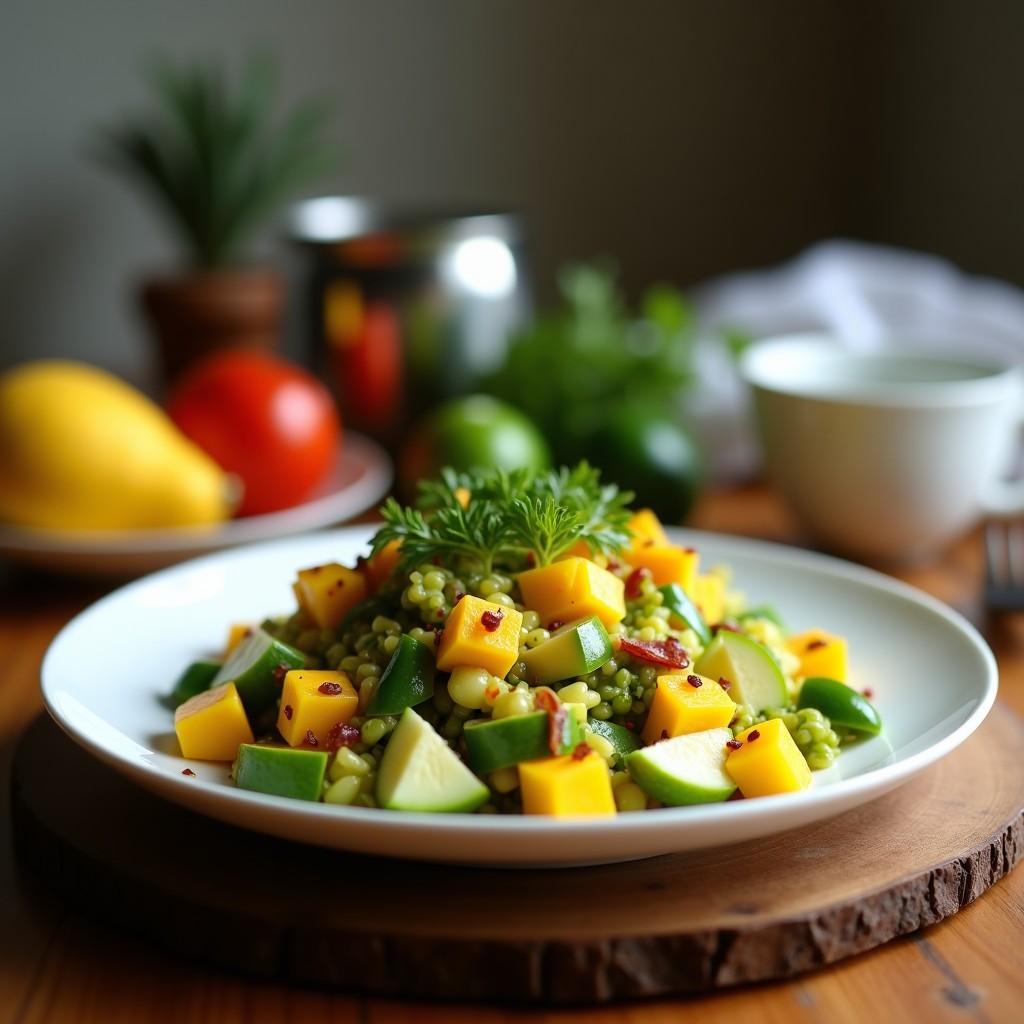 Ensalada vibrante de mango verde en juliana, flor de jamaica morada, cebolla morada y pepino, bañada en vinagreta dorada de chile de árbol, espolvoreada con semillas de sésamo tostadas sobre un plato de barro rústico, con fondo de mesa de madera y hierbas frescas.