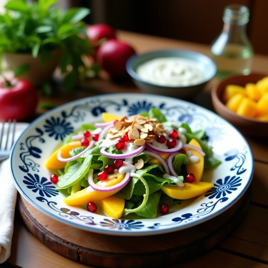 Ensalada de Mango Verde y Semillas de Granada: Receta India con Aderezo de Yogur y Menta