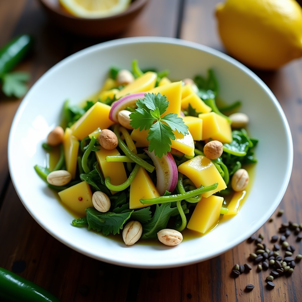 Ensalada fresca bengalí de mango verde en juliana fina y hojas de mostaza picadas, con semillas de comino y mostaza negra, decorada con cacahuetes tostados y cilantro sobre un plato de cerámica blanca.