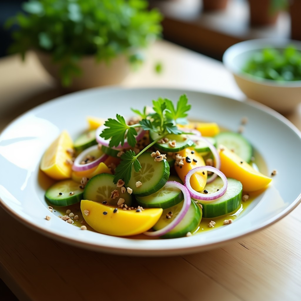 Ensalada fresca brasileña de mango verde en juliana, palma de corazón en rodajas, pepino y cebolla morada, bañada en vinagreta de lima y jengibre, decorada con almendras tostadas, semillas de sésamo negro y cilantro fresco sobre un plato blanco rústico.