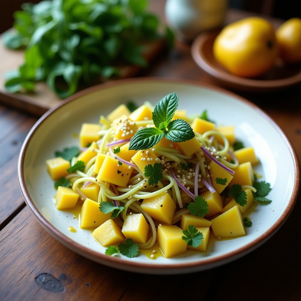 Ensalada peruana vibrante con julianas de mango verde, cubos de papa Cayetana morada y aderezo amarillo de ají, servida sobre hojas de lechuga morada con semillas de sésamo tostado.