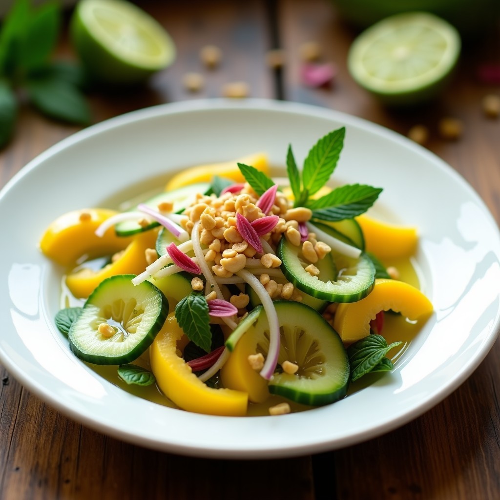 Ensalada tahitiana refrescante de mango verde y pepino en juliana sobre plato de cerámica blanca, con aderezo de limón y aceite de oliva, decorada con flores de hibisco, menta y cacahuates tostados.