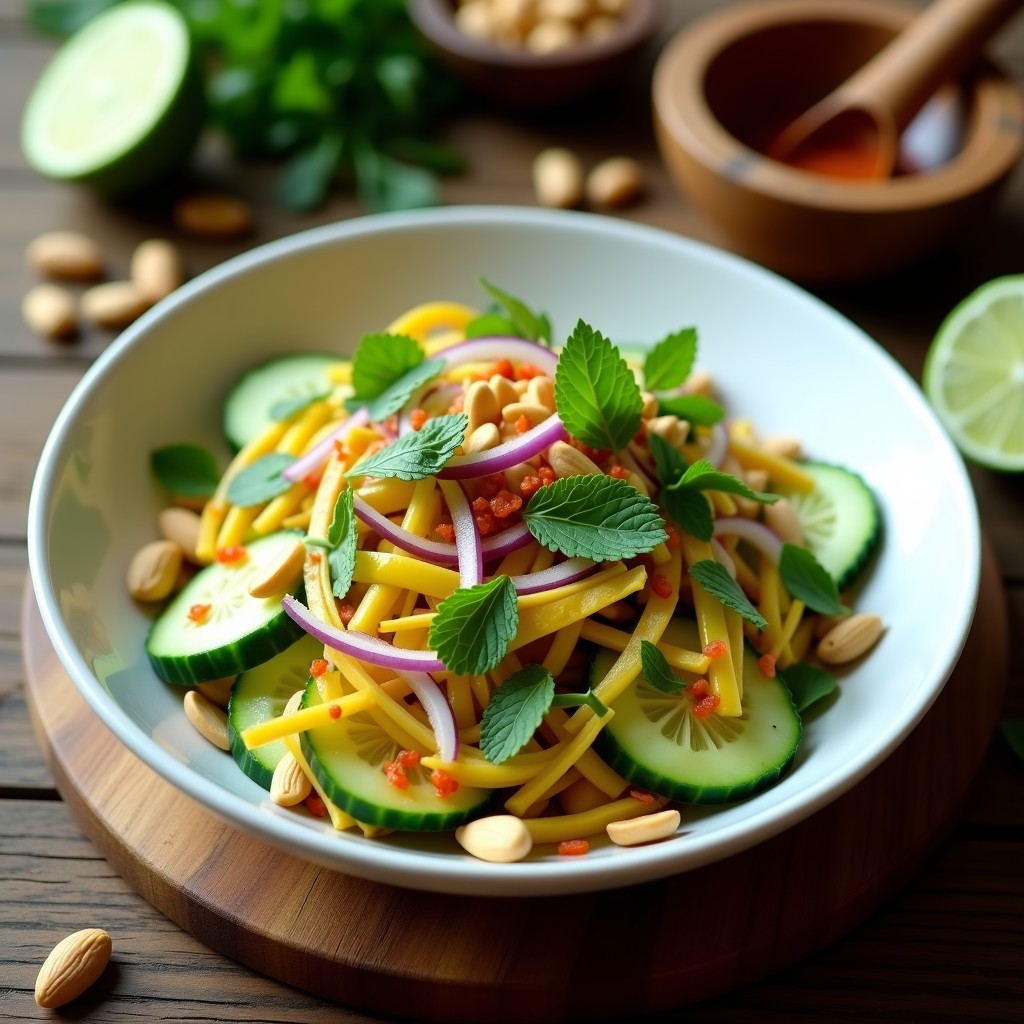 Ensalada tailandesa fresca en bol de cerámica blanca con mango verde en juliana, pepino en medias lunas, cebolla morada, cacahuetes tostados y hierbas frescas, bañada en aderezo de tamarindo brillante. Decorada con rodajas de lima y hojas de cilantro.