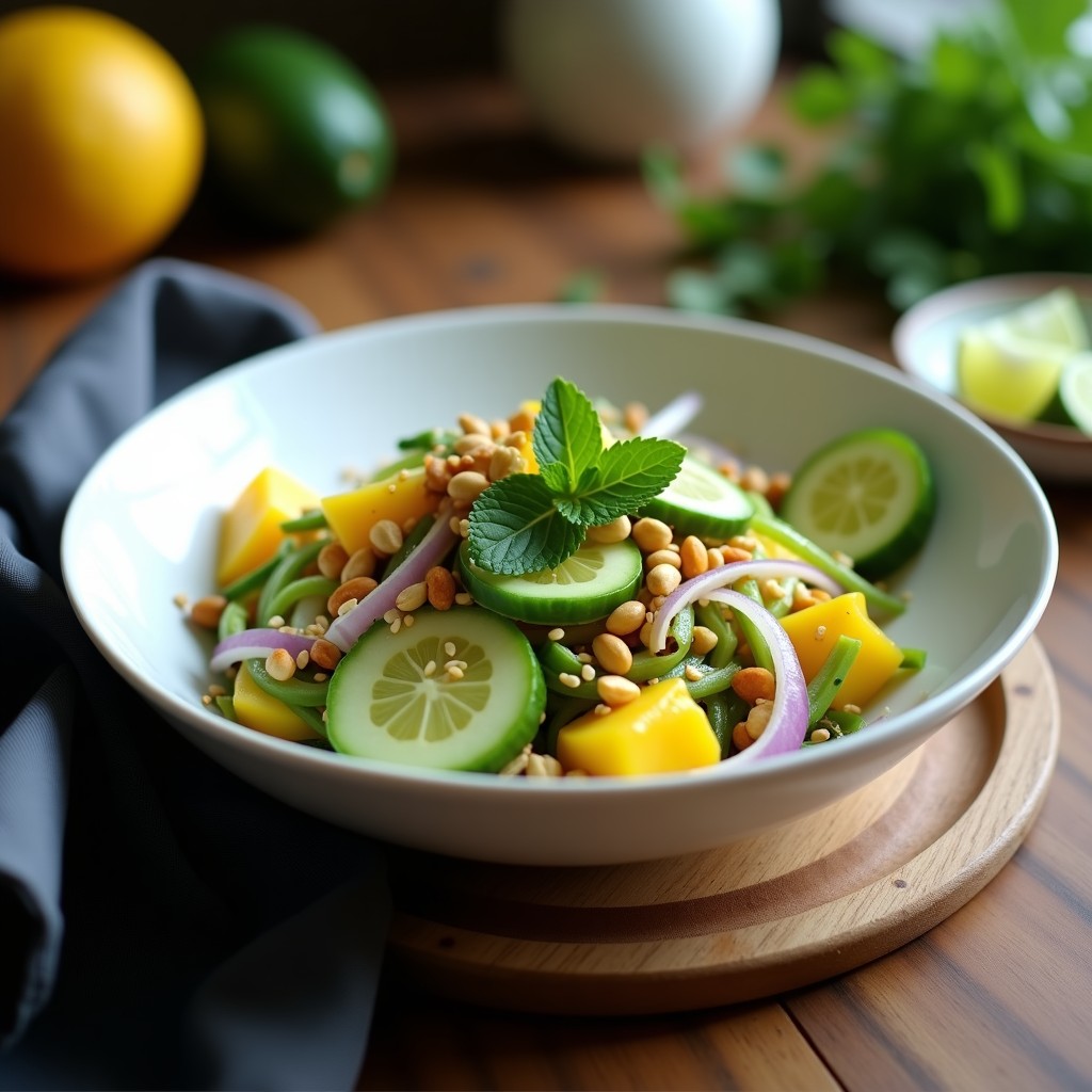 Ensalada vietnamita de mango verde y pepino en juliana fina, con aliño de tamarindo y chili, decorada con cacahuetes triturados, semillas de sésamo y hojas de menta fresca. Plato colorido y refrescante sobre fondo rústico.