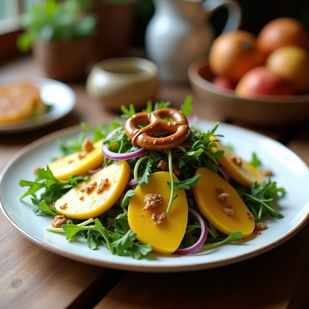 Ensalada fresca de mango verde en juliana, canónigos, cebolla morada y almendras fileteadas, coronada con pretzels troceados y eneldo. Vinagreta dorada de miel y mostaza brillando sobre los ingredientes, servida en un plato blanco rústico.