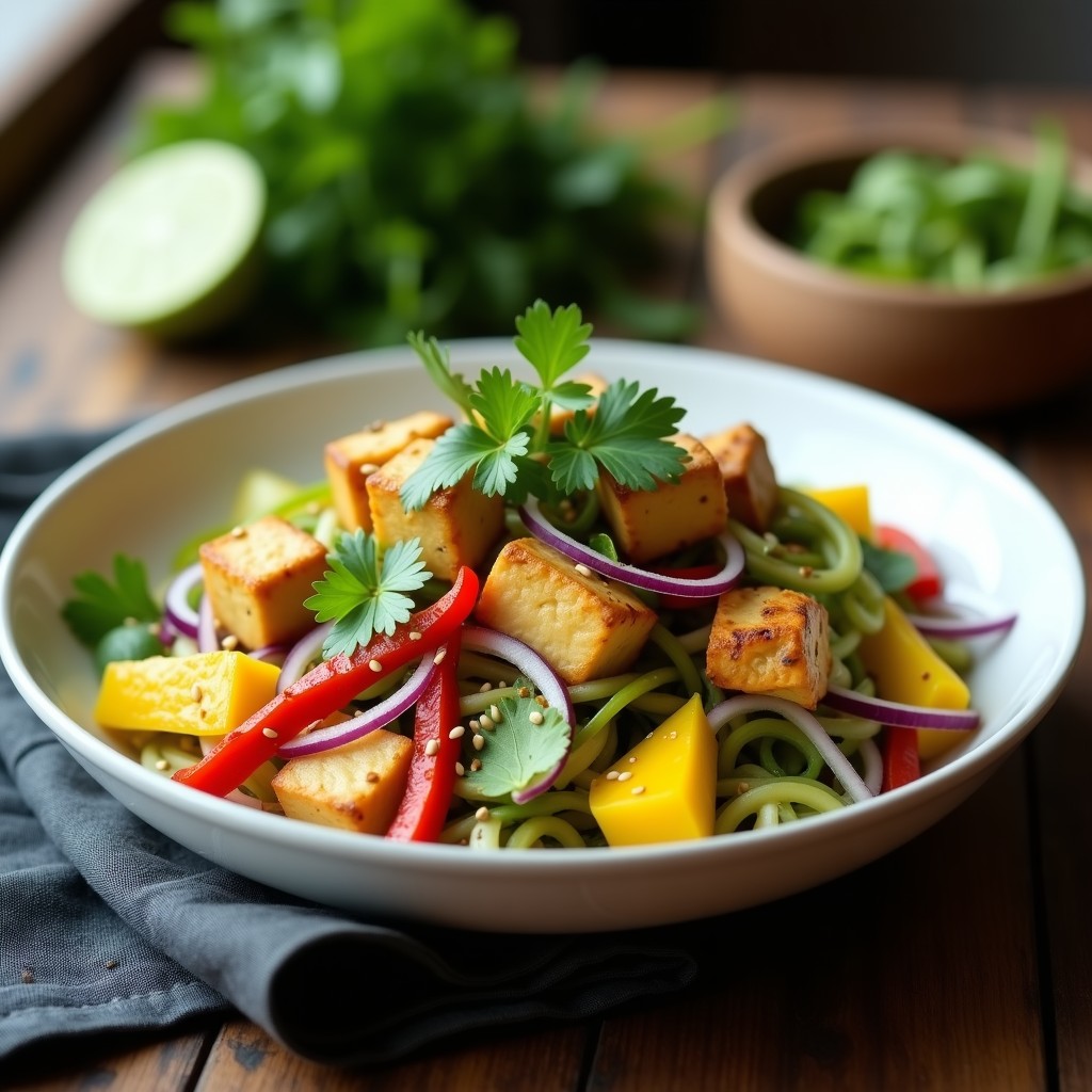 Ensalada tailandesa en bol blanco con mango verde en juliana, tofu ahumado dorado en cubos, cebolla morada, pimiento rojo y cilantro fresco, bañada en aderezo de lima y decorada con semillas de sésamo.
