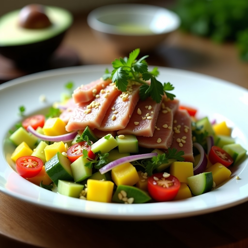 Ensalada fresca de mango verde en juliana, ventresca de atún desmenuzada, aguacate en cubos, pepino y cebolla morada, con semillas de sésamo y cilantro fresco, bañada en aderezo de lima y ají amarillo, servida en plato blanco sobre mesa de madera.
