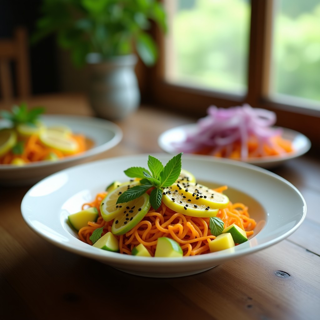 Ensalada fresca de mango verde en juliana y zanahoria rallada, con cebolla morada, semillas de sésamo y aderezo de limón y cilantro en un bol blanco sobre fondo de madera. Receta depurativa y colorida.