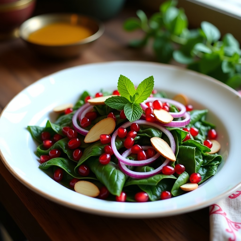 Ensalada persa fresca y colorida con hojas de mangold verde oscuro, granos de granada rojos intensos, cebolla morada en juliana, almendras doradas y menta fresca, servida en un plato de cerámica blanca con vinagreta de granada brillando bajo la luz.