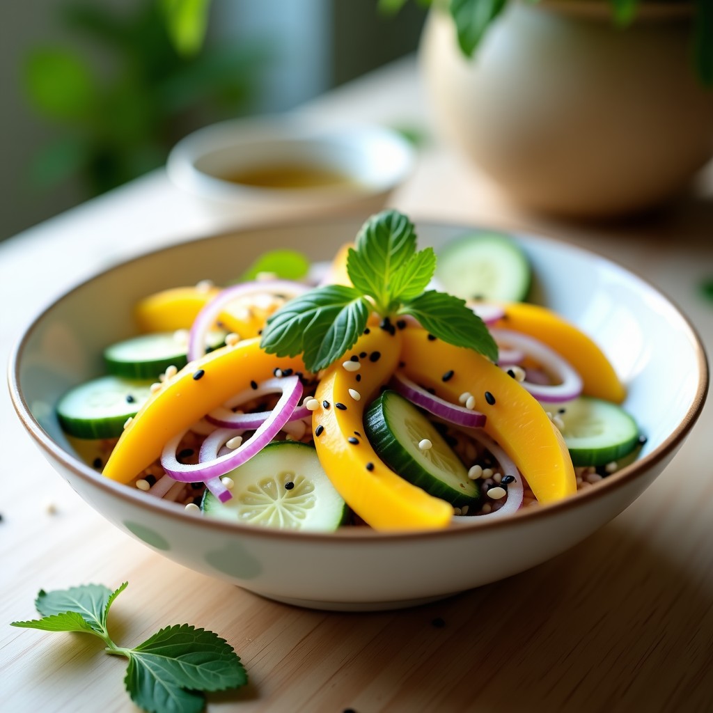 Ensalada tailandesa refrescante de mangostán y pepino en bol blanco, con vinagreta de limón kaffir, decorada con cacahuetes tostados, hojas de menta y albahaca, sobre fondo de madera clara.