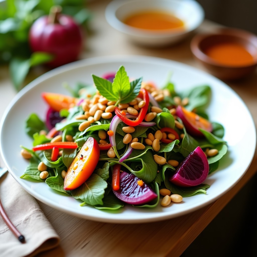 Ensalada vietnamita fresca con gajos de mangostán morado, hojas de rúcula verde, cebolla morada en juliana, pimiento rojo en tiras y cacahuates picados, bañada en vinagreta de tamarindo y decorada con semillas de sésamo negro sobre un plato blanco de cerámica.