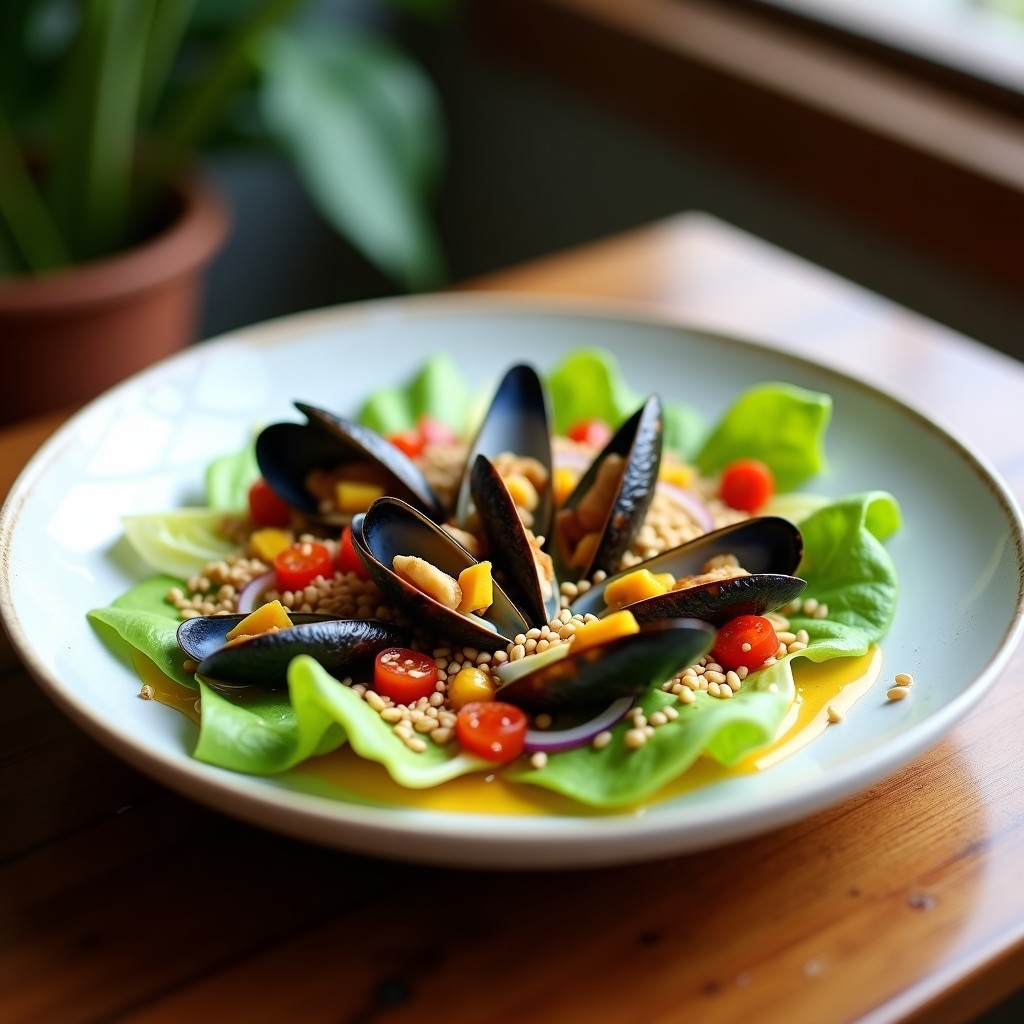 Ensalada fresca de mejillones al vapor sobre hojas de lechuga romana, bañados en vinagreta de mango de color amarillo brillante, acompañados de cebolla morada, pimiento rojo asado y semillas de sésamo tostadas. Plato servido en un recipiente de cerámica blanca con detalles rústicos, resaltando la receta peruana alta en omega-3.
