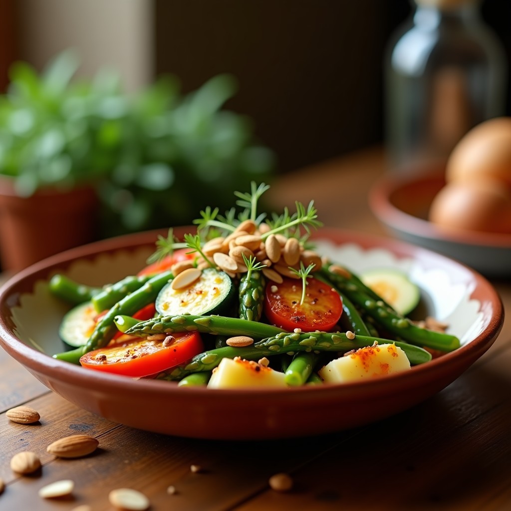 Ensalada de menestra catalana en plato de barro: alcachofas, habas, espárragos y calabacín cocidos en olla lenta, bañados con vinagreta cremosa de romesco de color rojizo, decorada con almendras picadas y aceite de oliva.
