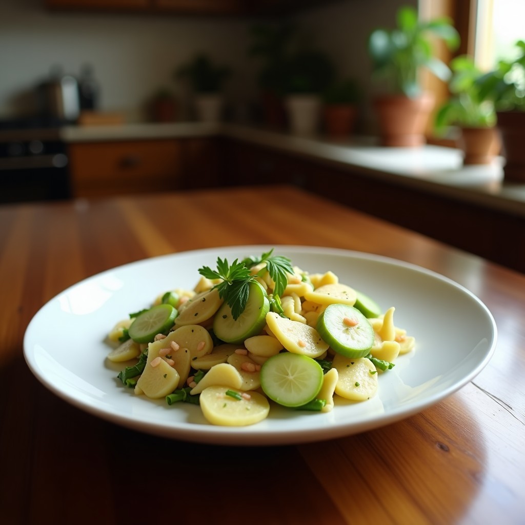 Ensalada persa de mijo perlado con granos de granada rojos brillantes, mentas frescas picadas y almendras tostadas, servida en un plato blanco rústico con aderezo dorado.