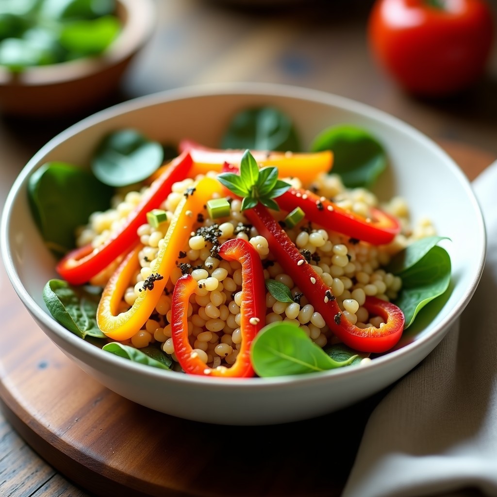 Ensalada fresca de mijo cocido con pimientos rojos y amarillos asados en tiras, cebolla morada, apio y espinacas, bañada en aderezo cremoso de mostaza. Decorada con semillas de sésamo tostadas y algas nori, servida en un bol de cerámica blanca sobre fondo rústico.