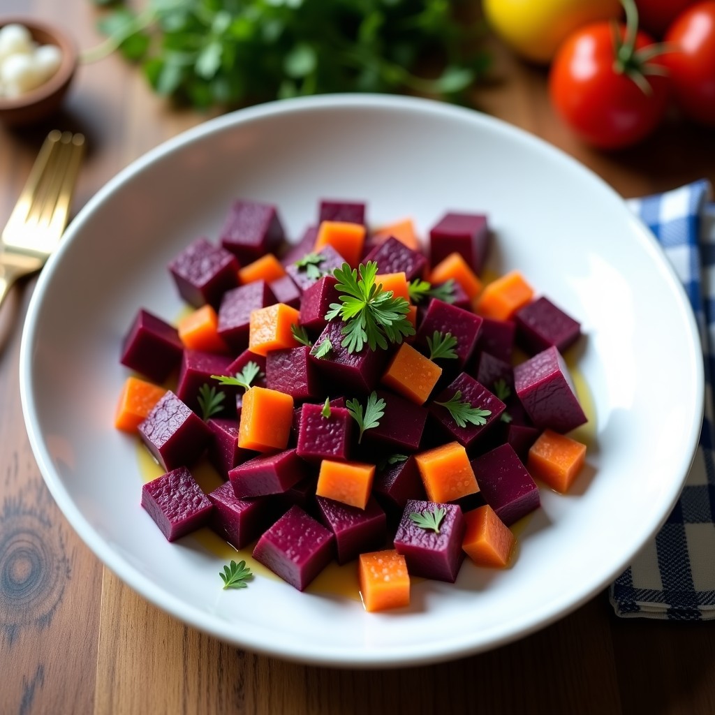 Ensalada morada boliviana en un plato hondo blanco, con trozos de papa morada, remolacha, zanahoria, tomate y cebolla morada, decorada con perejil fresco y un toque de aceite de oliva.