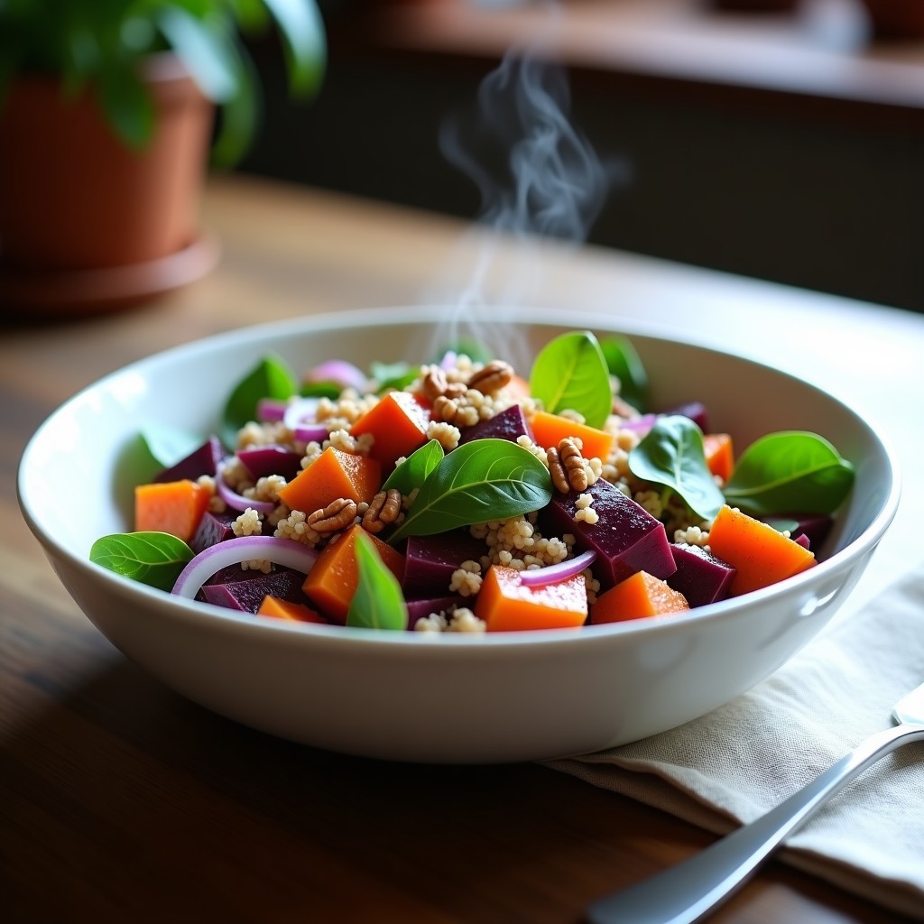 Ensalada morada de boniato y quinoa al horno, con cubos de boniato morado asado, quinoa blanca, cebolla morada, espinacas frescas y nueces pecanas tostadas, aliñada con vinagreta dorada en un bol de cerámica blanca sobre fondo rústico.