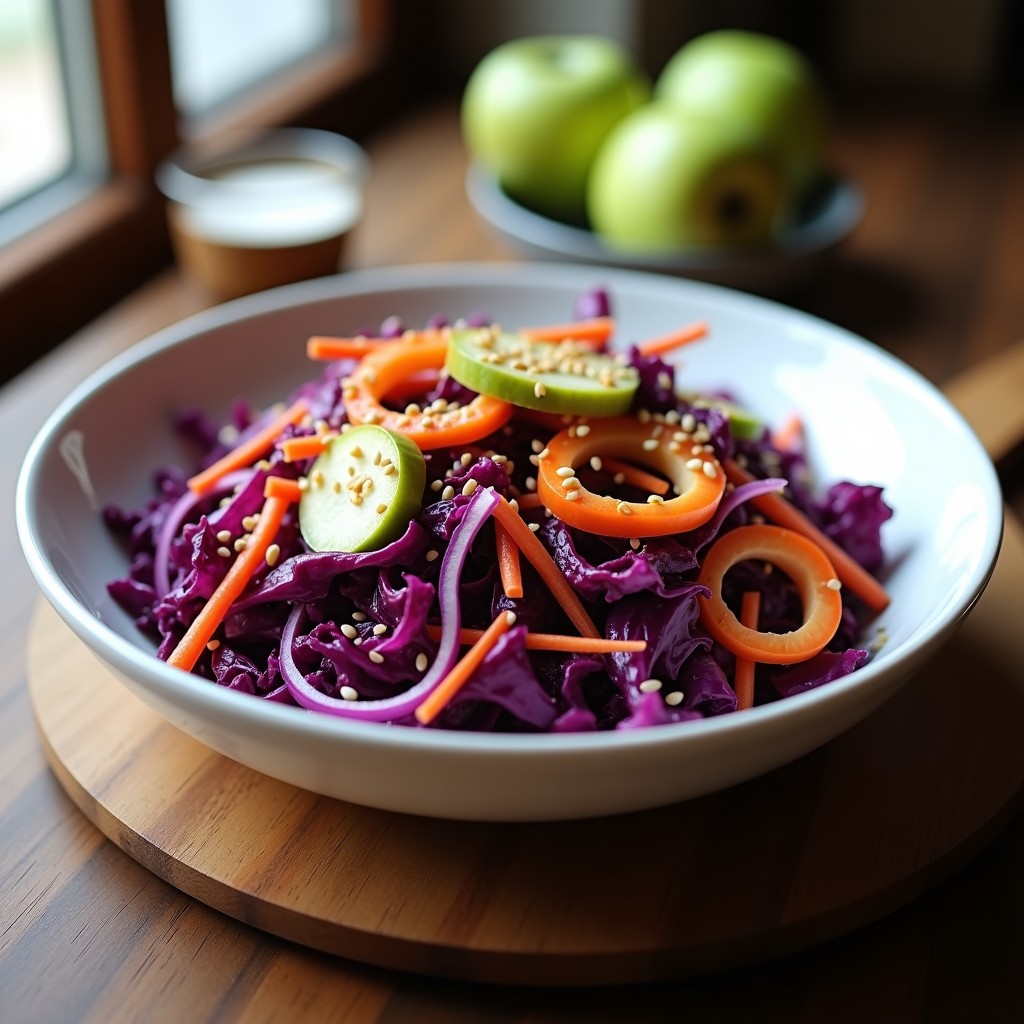 Ensalada morada de col rubia con zanahoria, manzana verde y cebolla morada, bañada en vinagreta de mostaza y miel, decorada con semillas de sésamo tostadas.