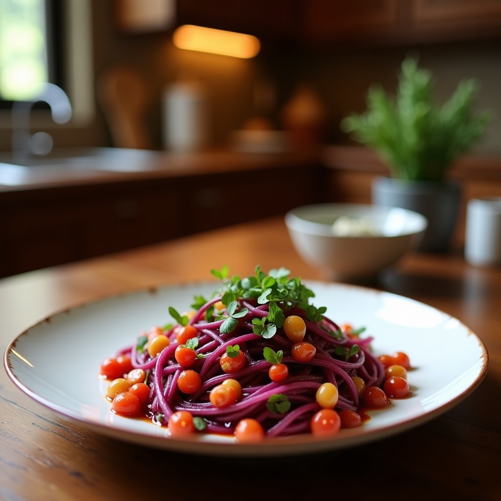 Ensalada vibrante de coliflor morada ahumada con granada, cebolla morada y semillas de sésamo sobre hojas de espinaca, servida en plato blanco rústico.