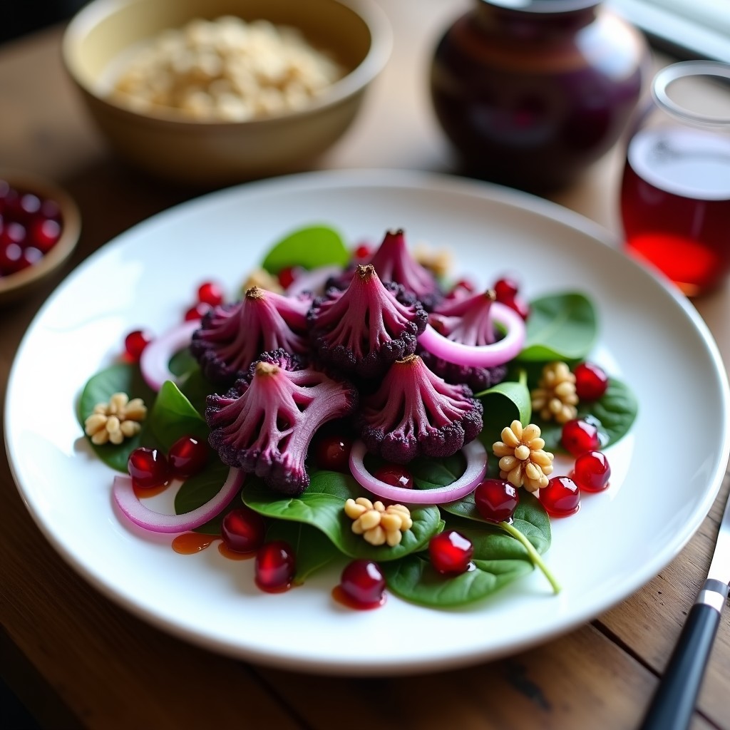 Ensalada vibrante con coliflor morada asada, semillas de granada rojas, espinacas verdes, cebolla morada y nueces doradas, servida en un plato blanco con aliño de vinagre balsámico.