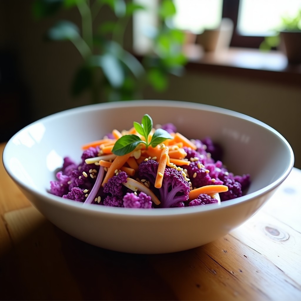 Ensalada vibrante de coliflor morada cruda con zanahoria rallada, cebolla morada, apio y semillas de sésamo, bañada en aliño amarillo de cúrcuma y vinagre de frambuesa, servida en bol blanco.