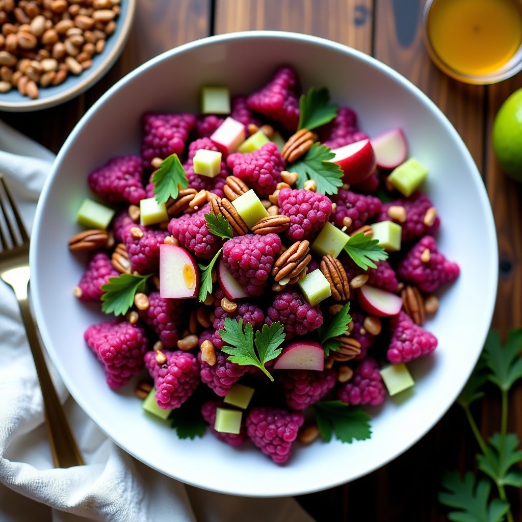 Ensalada vibrante de coliflor morada y remolacha fermentada en un bol blanco, decorada con nueces pecanas tostadas, semillas de sésamo negro y cilantro fresco, con aliño brillante.