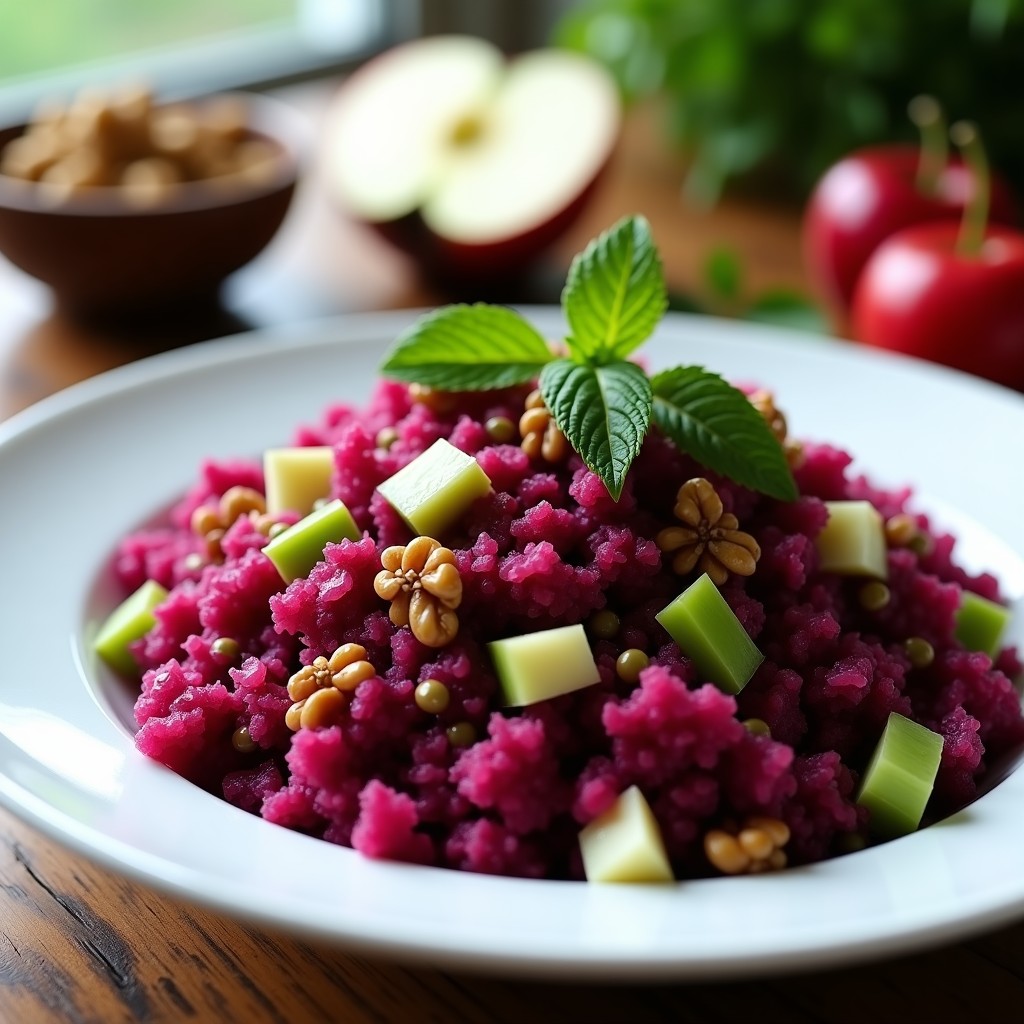 Ensalada vibrante de coliflor morada y remolacha en un plato blanco, con trozos de manzana verde, apio, nueces y hojas de menta, bañada en un aliño dorado. Receta vegana crujiente y detox.