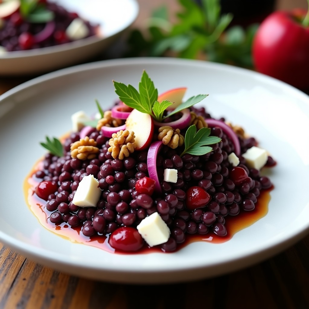 Ensalada morada gourmet en plate hondo blanco con lentejas negras, remolacha en cubos, queso de cabra, nueces y perejil, aliñada con vinagreta dorada.