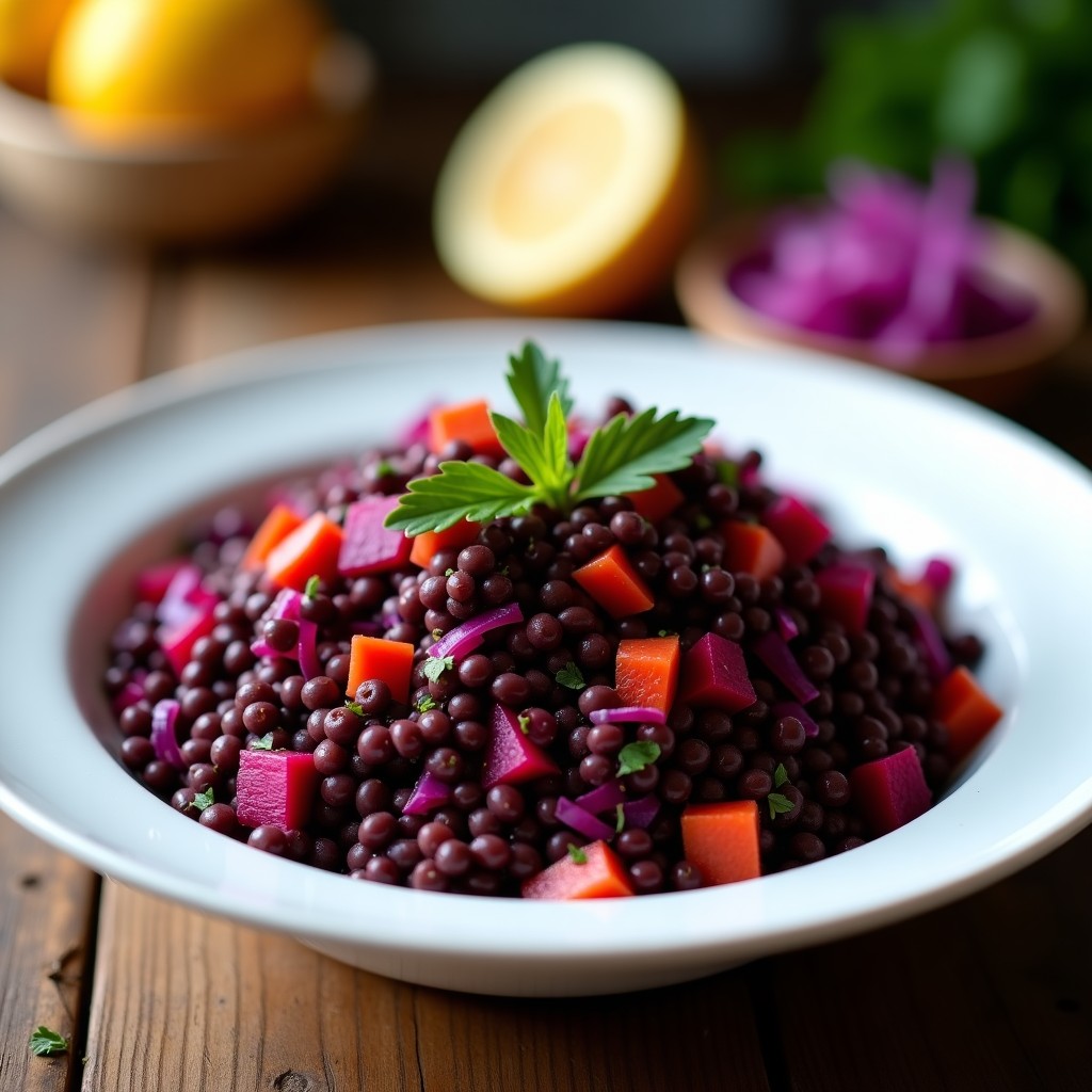 Ensalada morada de lentejas negras con remolacha, cebolla morada y repollo morado, bañada en vinagreta cítrica, servida en un bol de cerámica blanca sobre fondo rústico.