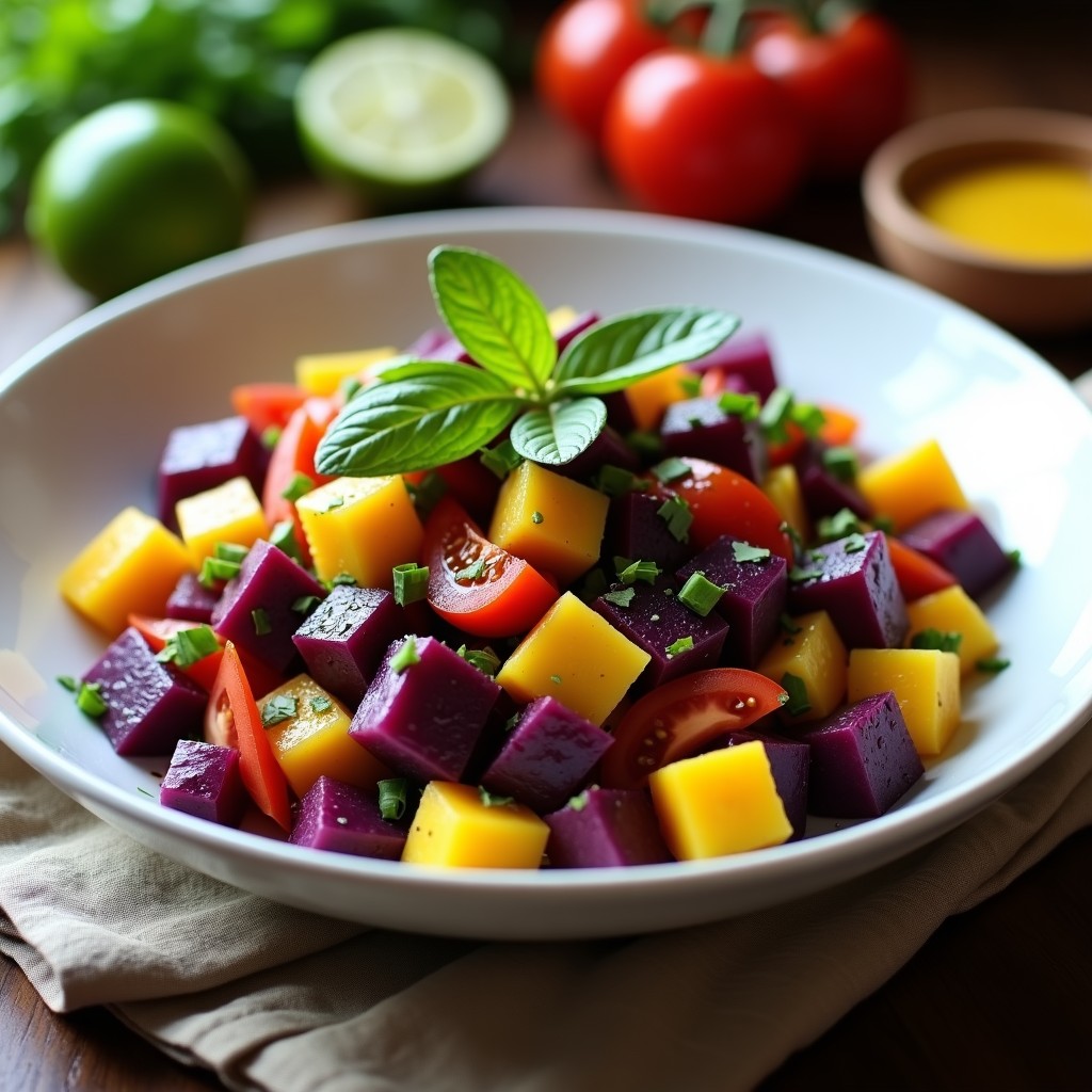 Ensalada morada peruana en bowl de cerámica blanca con camote morado, papa amarilla, cebolla roja, tomate y cilantro fresco, aderezada con vinagreta de ají amarillo y limón.