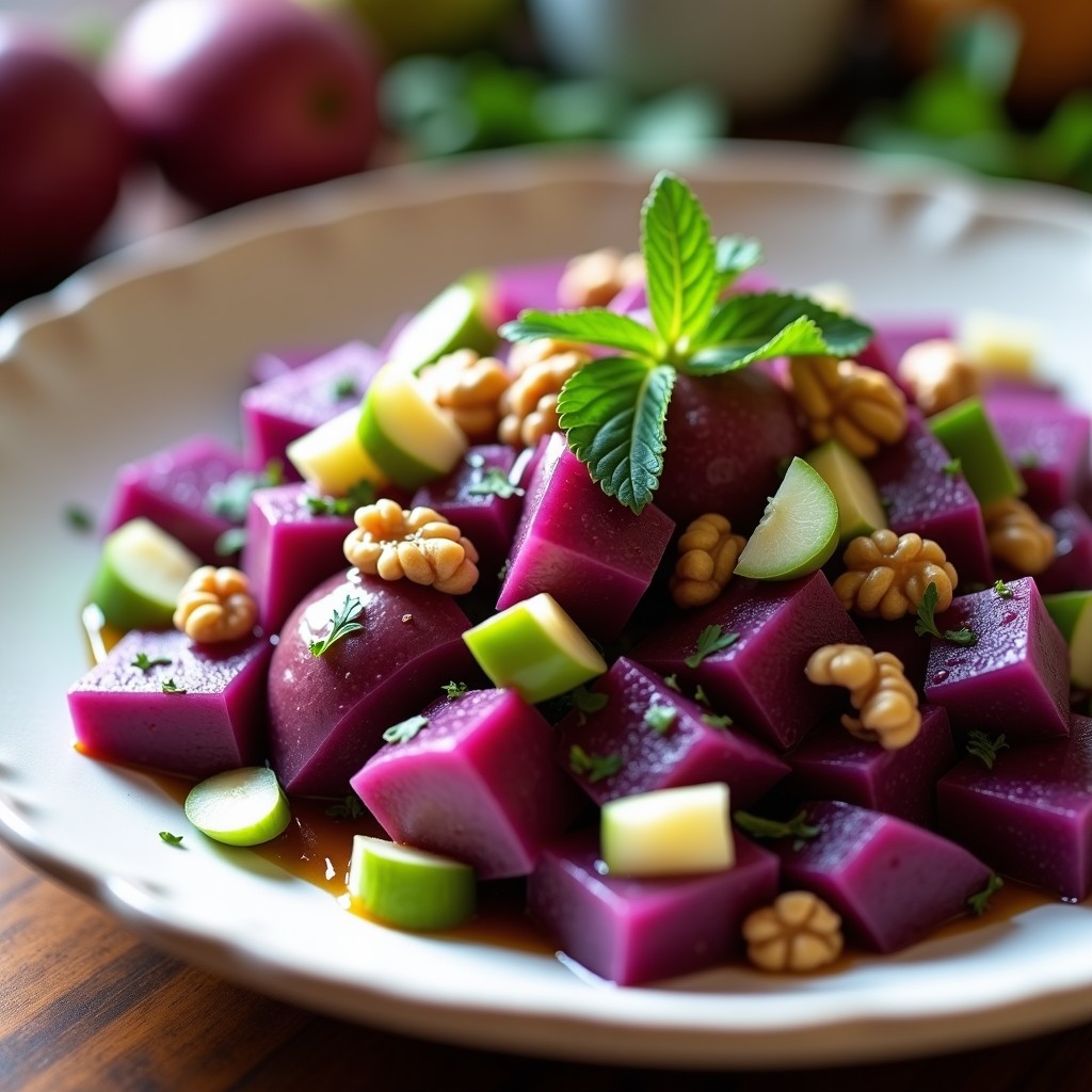 Ensalada vibrante de camote morado y papa morada en cubos, mezclada con cebolla morada, apio, manzana verde y nueces, bañada en vinagreta de miel y mostaza. Servida en un plato blanco rústico con decoración de perejil fresco.