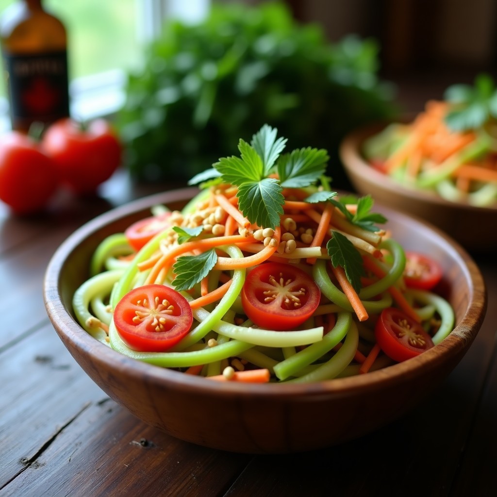 Ensalada tailandesa vibrante en bol de madera con papaya verde en juliana, zanahoria, jalapeño y tomates cherry, bañada en aderezo picante y decorada con maní tostado y cilantro.