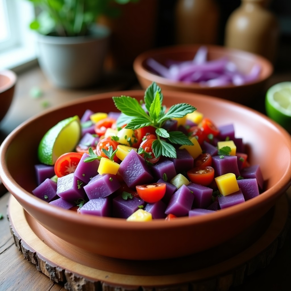 Ensalada morada peruana en plato de barro con papa lila, cebolla morada, ají amarillo y tomate, decorada con culantro fresco y limón.