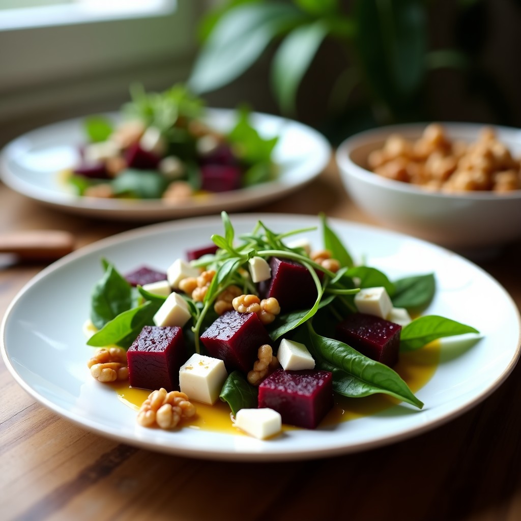 Ensalada morada en plato blanco con remolacha en cubos, queso de cabra desmenuzado, nueces tostadas y hojas verdes, bañada en vinagreta dorada.
