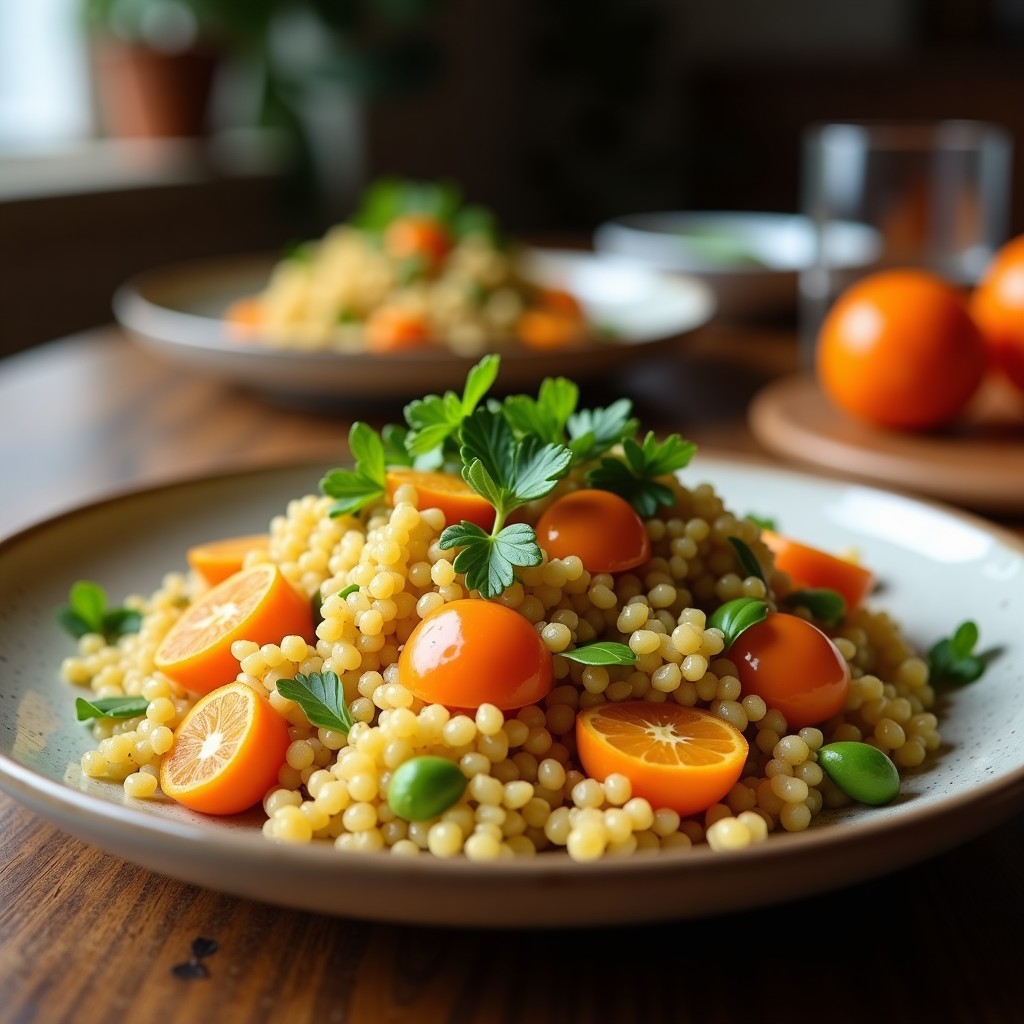 Ensalada morada vibrante en un bol de cerámica blanca con quinoa, remolacha en cubos, gajos de naranja sangre, cebolla morada, espinacas frescas y nueces pecanas. Aliño dorado vertido por encima.