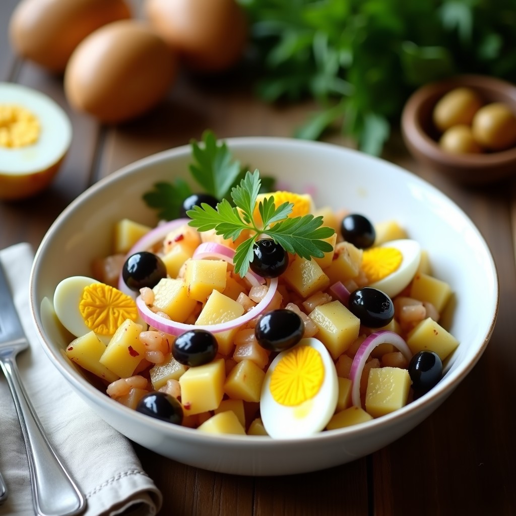 Ensalada morena canaria servida en un plato hondo de cerámica blanca, con patatas cocidas en cubos, huevo duro en cuartos, bonito en aceite desmenuzado, cebolla morada en juliana, aceitunas negras y perejil fresco, bañada en un aliño de aceite de oliva y vinagre.