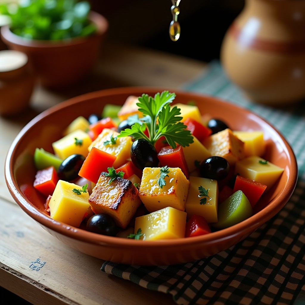 Ensalada morena conventual andaluza con tofu ahumado, patatas, pimiento verde, cebolla morada, huevo duro y aceitunas negras, servida en un plato de barro con aliño de vinagre de Jerez.