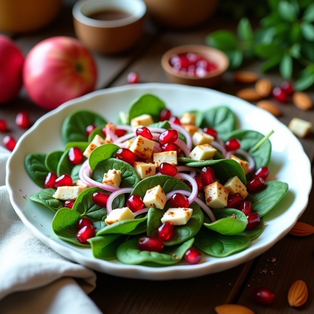 Ensalada morena andaluza en bol de cerámica blanca con espinacas frescas, granos de granada rojos brillantes, cebolla morada en juliana, queso feta en cubos y almendras tostadas doradas, bañada con aderezo de miel y vinagre.