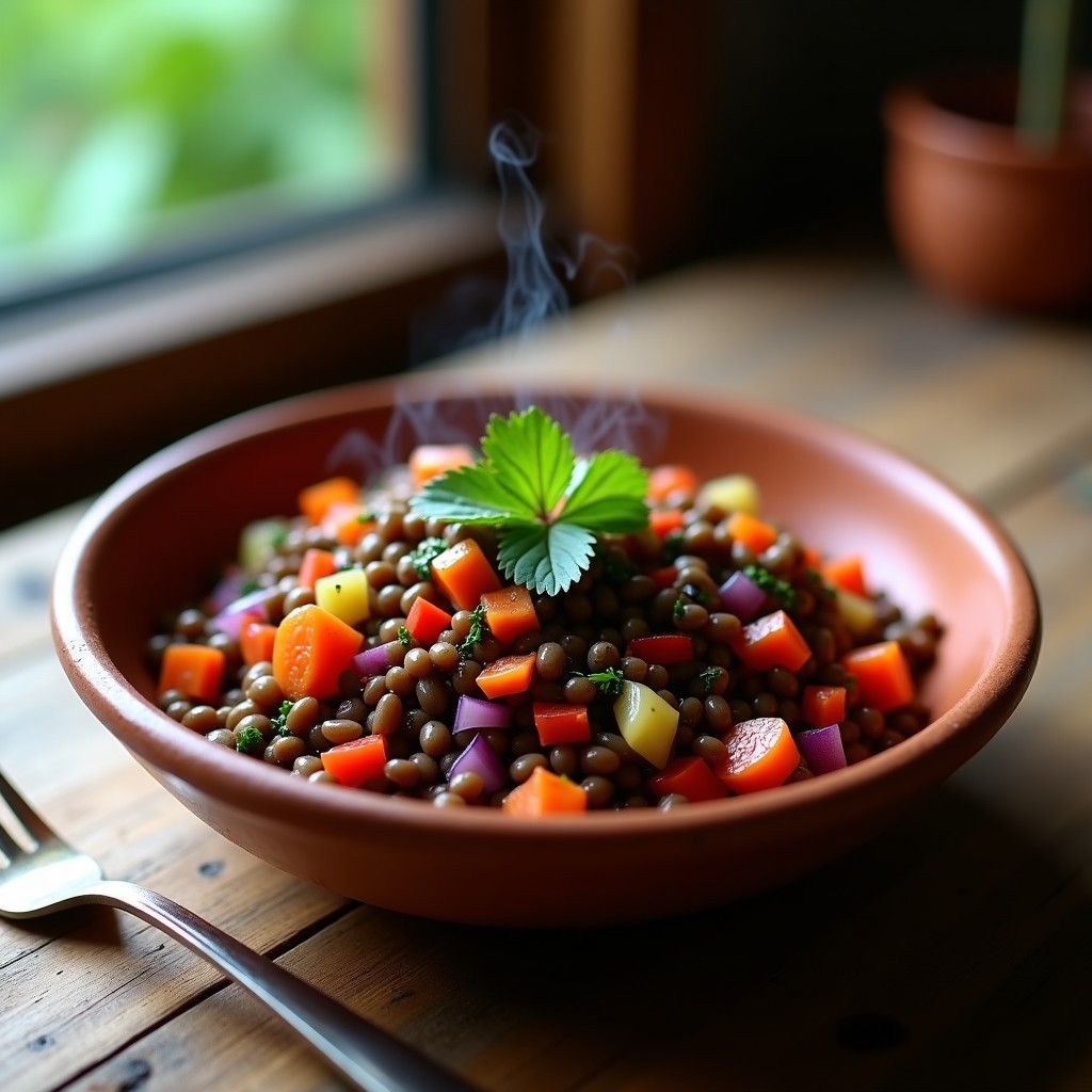 Ensalada morena de lentejas ahumadas en bol de barro con verduras coloridas y perejil fresco, receta única con toque a humo.