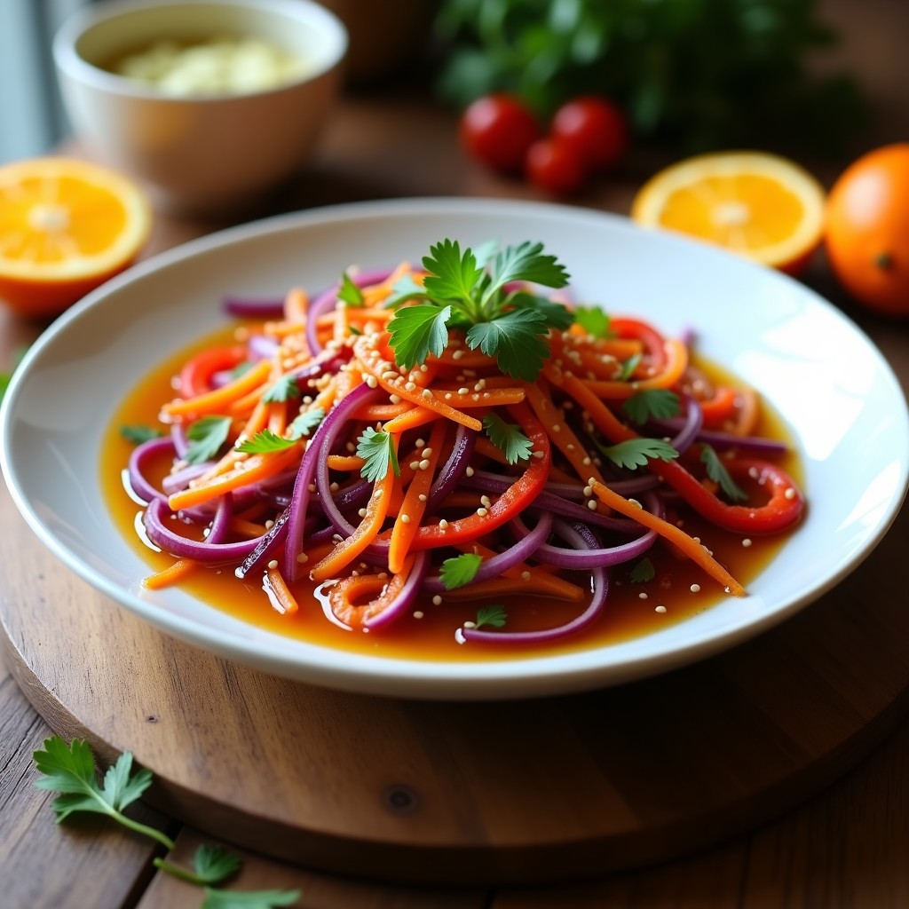 Ensalada colorida de ñame morro en juliana con zanahoria, pimiento rojo y cebolla morada, bañada en vinagreta de naranja y decorada con semillas de sésamo y cilantro fresco.