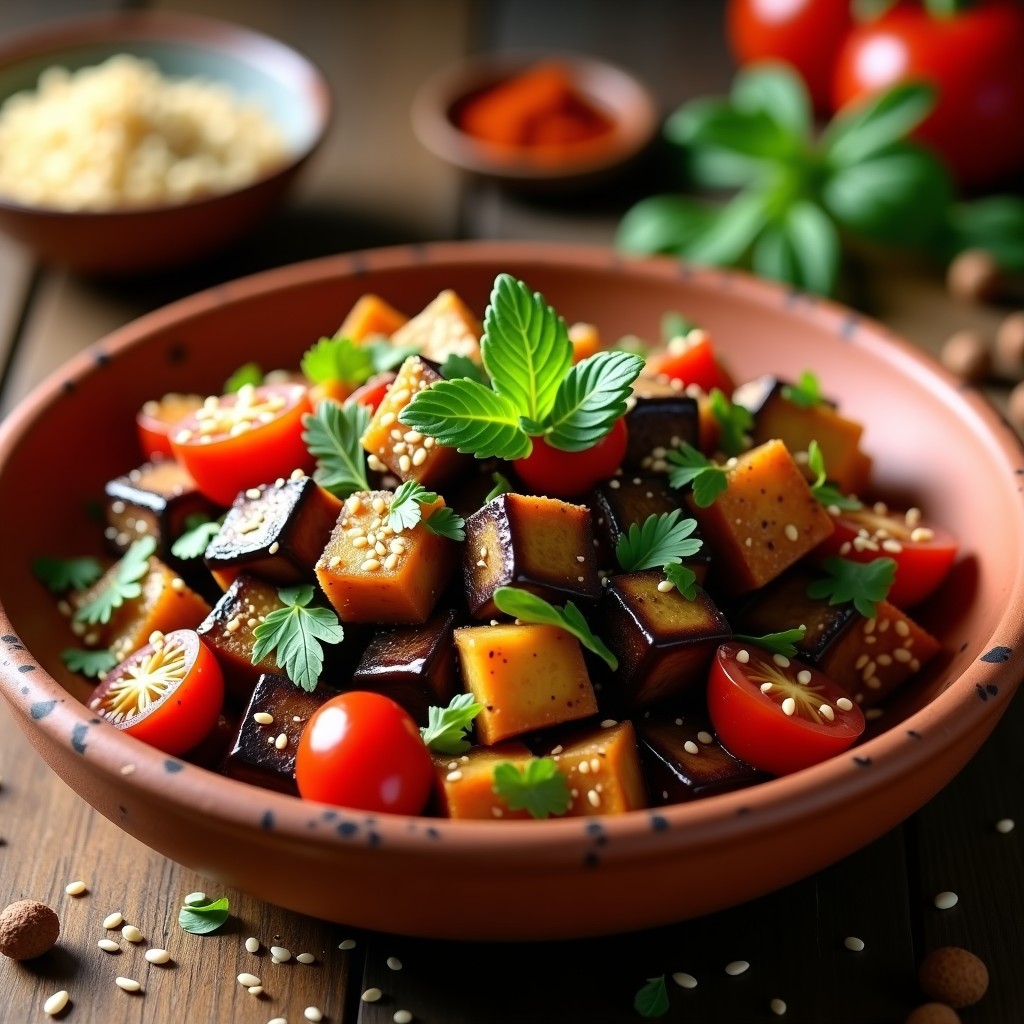 Ensalada marroquí de berenjena asada en un bol de barro, con trozos dorados de berenjena, tomate fresco, cilantro y semillas de sésamo tostadas, servida sobre una mesa rústica con especias al fondo.