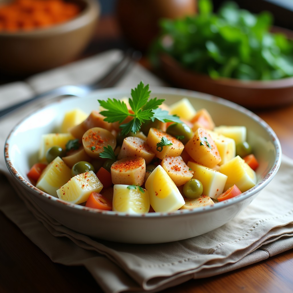 Ensalada moruna en bol de cerámica blanca con patatas, huevo picado, atún, aceitunas y perejil fresco, servida fría.
