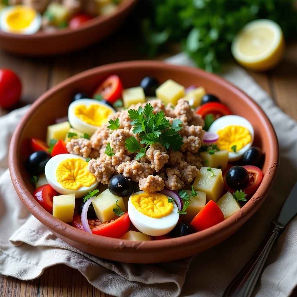 Ensalada moruna en plato hondo de barro con atún desmenuzado, huevos en cuartos, patatas en cubos, cebolla morada, pimiento verde y aceitunas, decorada con perejil fresco y un hilo de aceite de oliva.