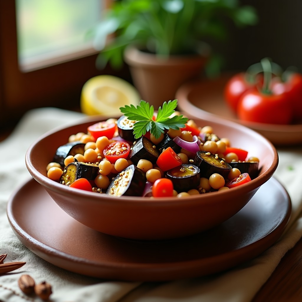 Ensalada moruna en bol de barro con berenjena ahumada en cubos, garbanzos, tomate, cebolla morada y pimiento rojo, espolvoreada con semillas de sésamo y perejil fresco.