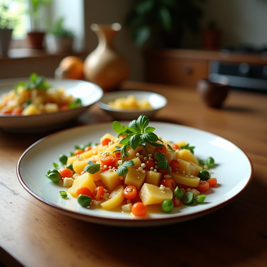 Plato colorido de ensalada moruna con berenjena ahumada en cubos dorados, tomate, cebolla morada, pimiento rojo y semillas de granada, decorado con hojas de menta y cilantro fresco.