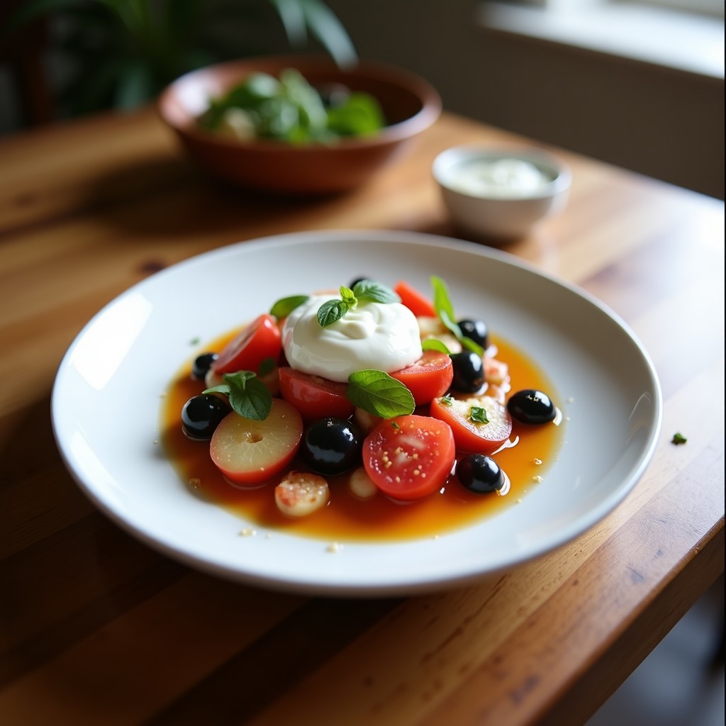 Ensalada moruna en plato de barro rústico, con berenjenas ahumadas en tiras, salsa cremosa de yogur y semillas de sésamo tostadas, acompañada de perejil fresco.