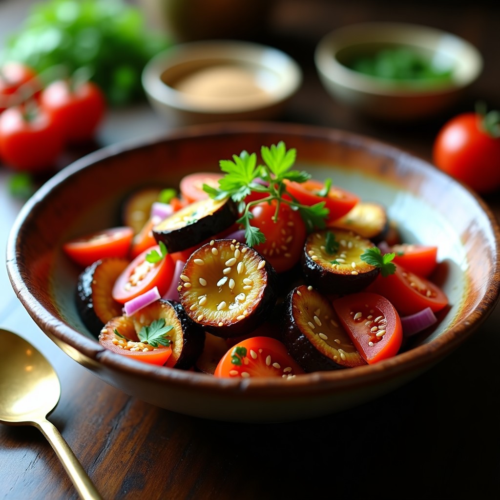 Ensalada moruna de berenjena en airfryer: plato hondo con berenjenas doradas y crujientes, tomate, cebolla morada y pimiento rojo en juliana, espolvoreadas con perejil y semillas de sésamo, con un aderezo brillante de aceite y especias árabes.